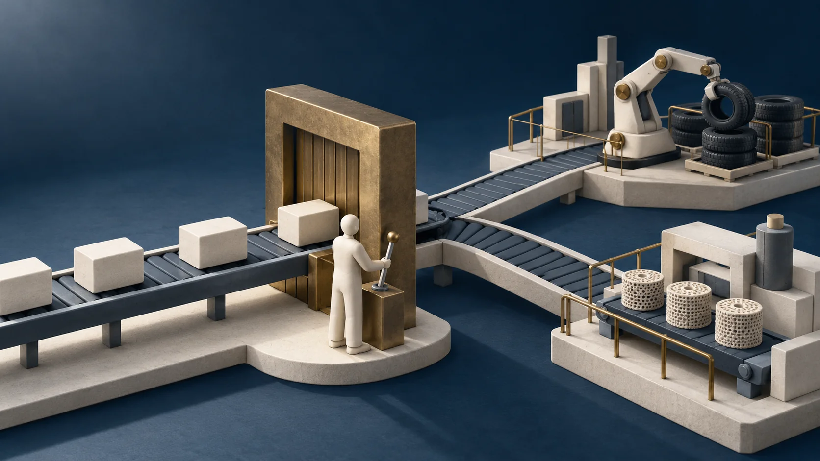 A conceptual operator controls a brass review gate between processor blocks and two production cells.