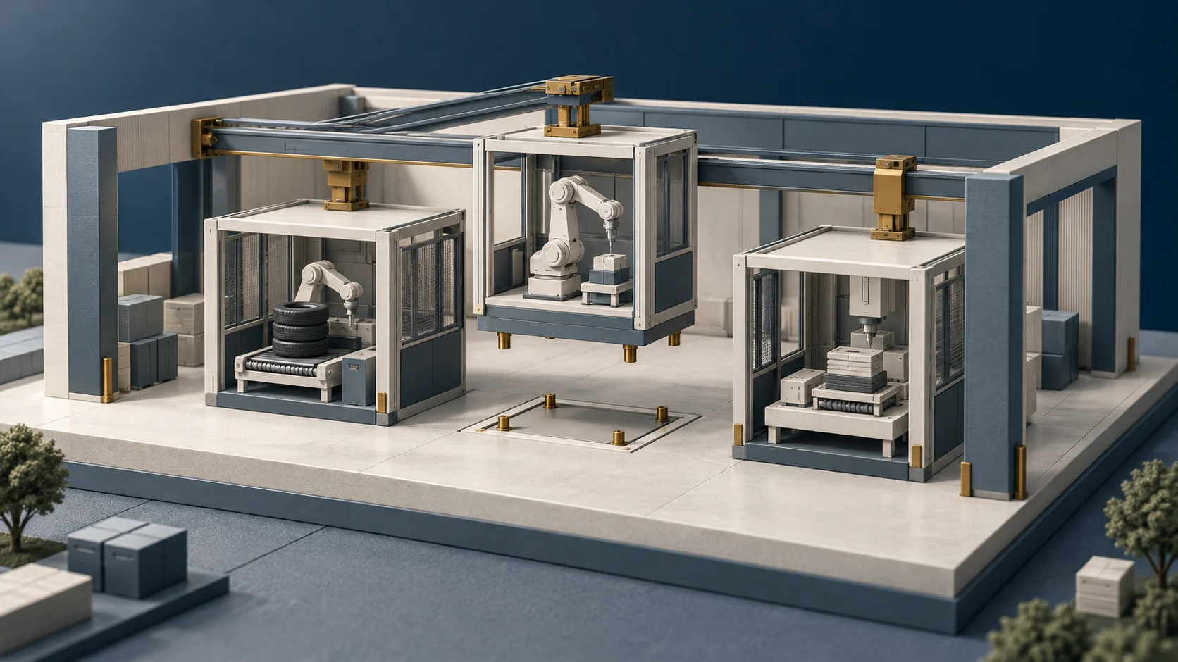 An open factory model with interchangeable production cells, one lifted above its matching floor recess.