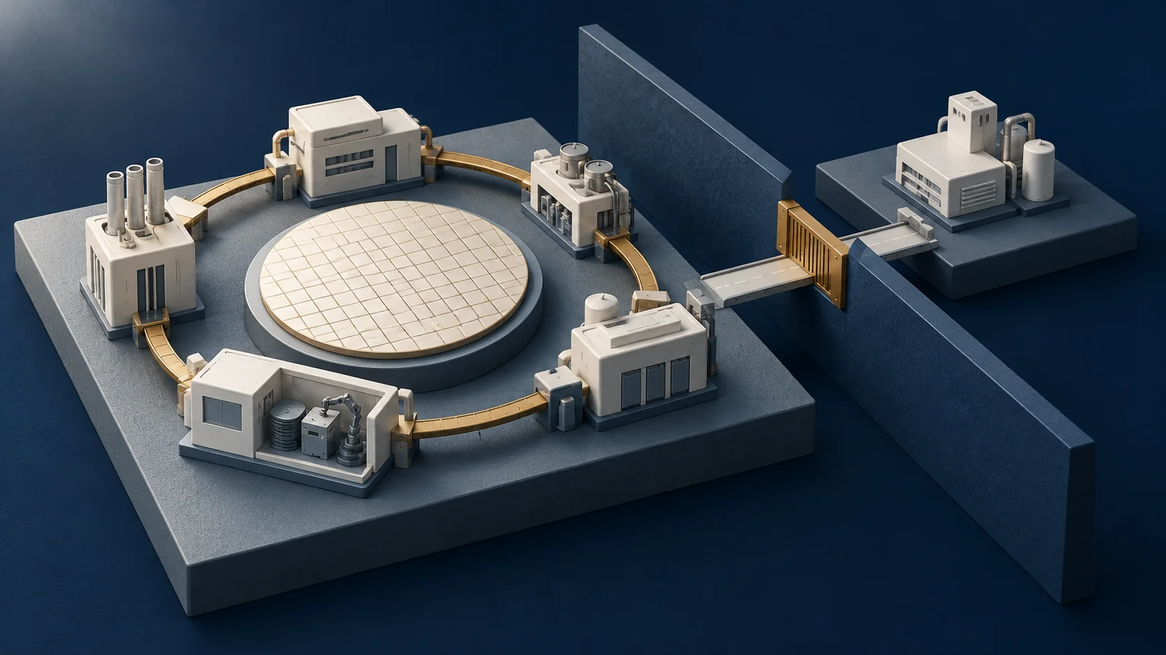 A semiconductor wafer and fabrication modules form a self-contained supply loop beside a blocked external bridge.
