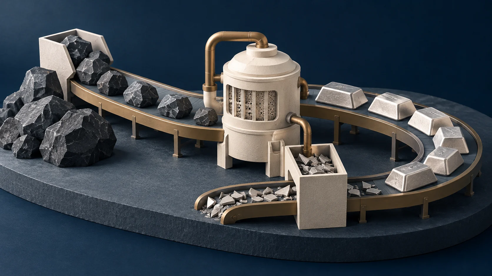 Mineral stones, a refining vessel and metal ingots arranged along a conceptual processing and recycling loop.