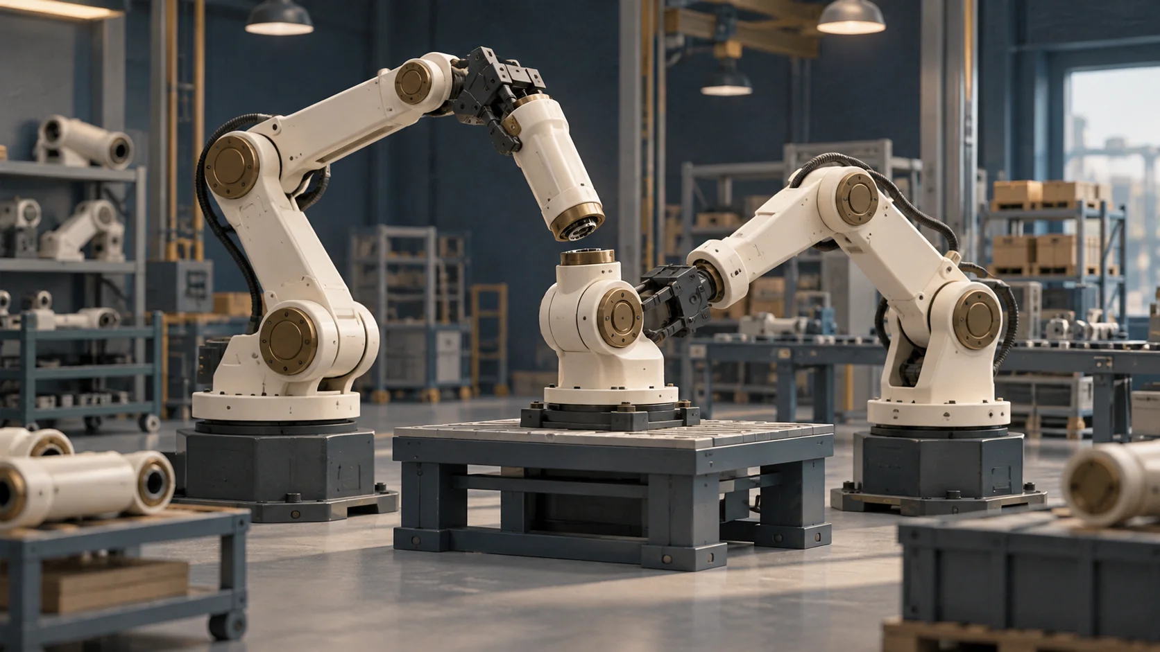 Two unbranded industrial arms assemble a third robot on a factory workbench.
