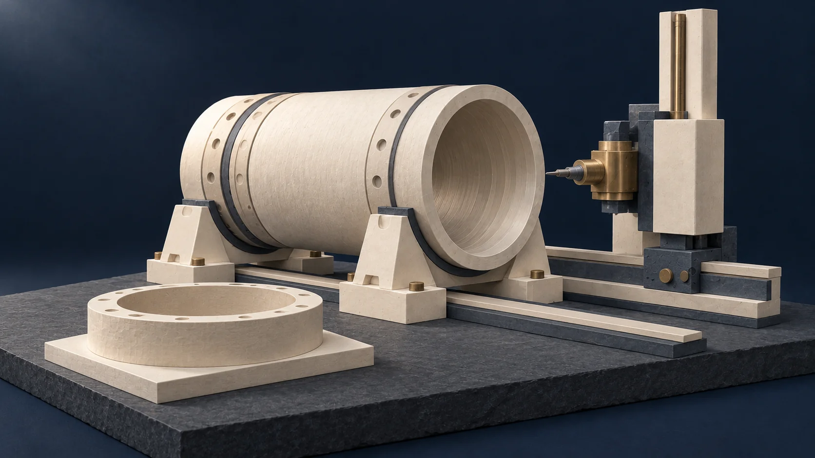 A hollow cylindrical component and machined ring beside an automated tool carriage in a conceptual production cell.