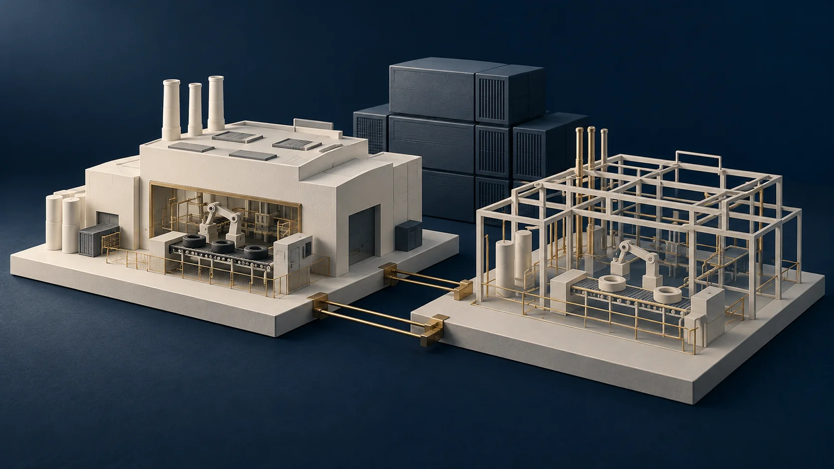 A solid factory model paired with a matching structural model and plain compute blocks, suggesting a digital twin.