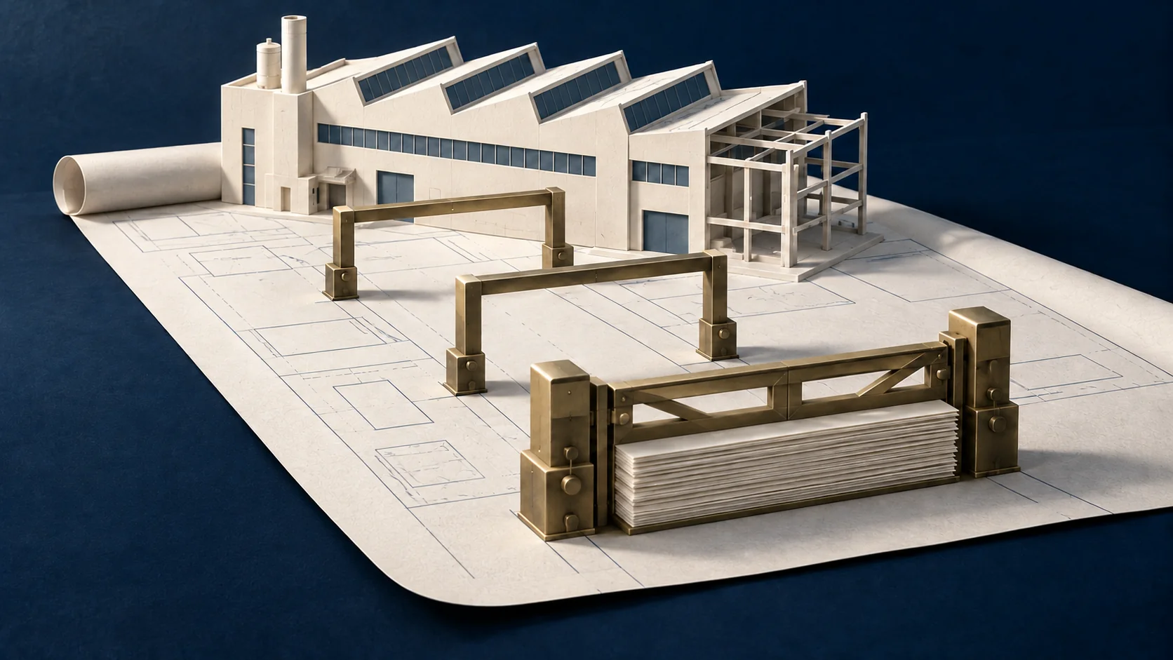 An ivory factory model on a plan sheet, held behind a brass gate resting on stacked paperwork.