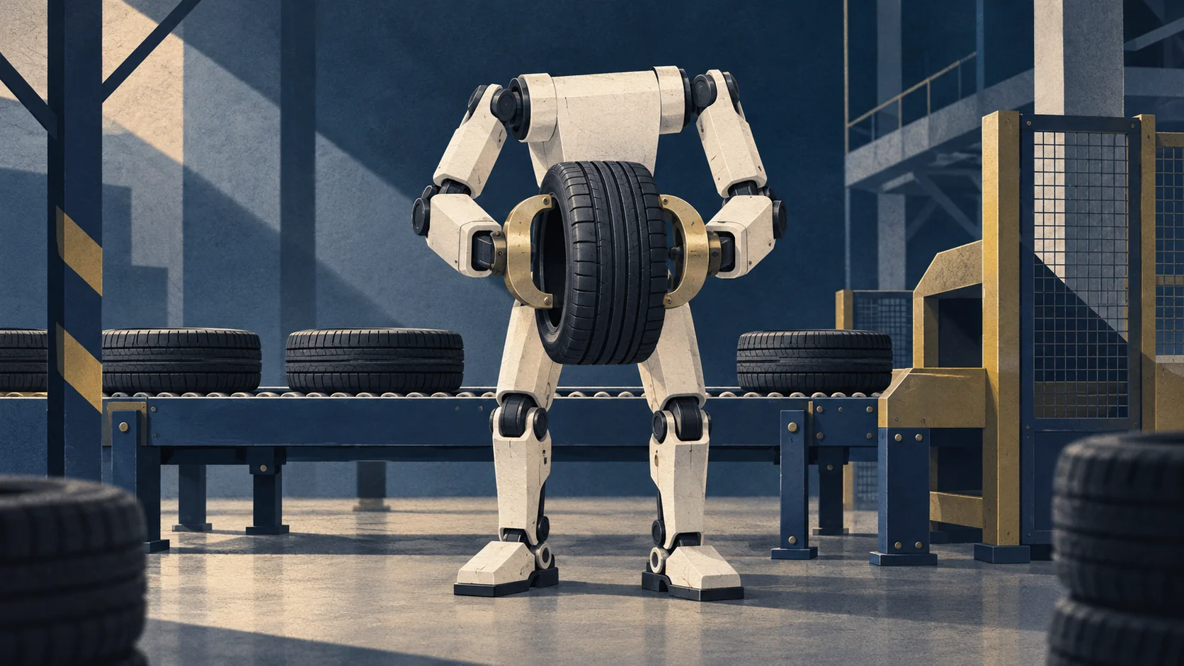 Conceptual headless factory robot holding a tyre beside a conveyor, illustrated in ivory, navy and brass.
