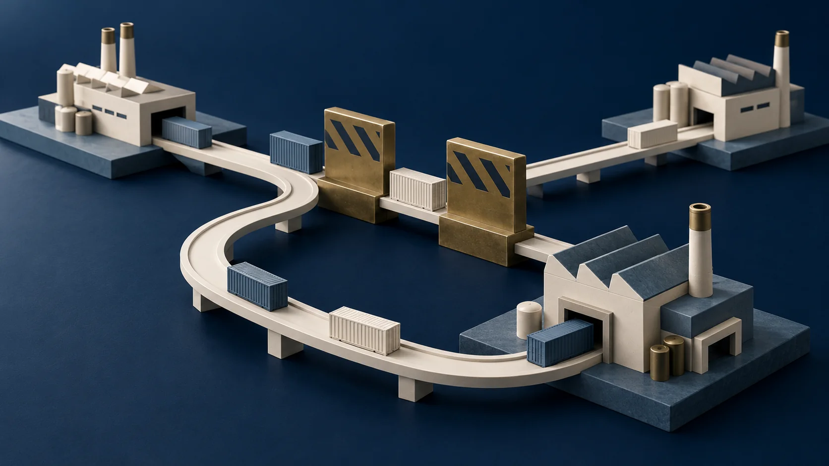 Factory models and container blocks connected by transport routes interrupted by brass trade barriers.