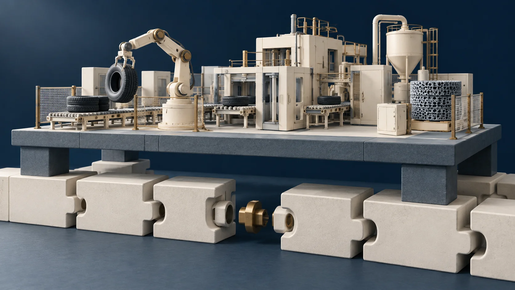 An automated factory model above foundation modules with matching connectors still waiting to be joined.