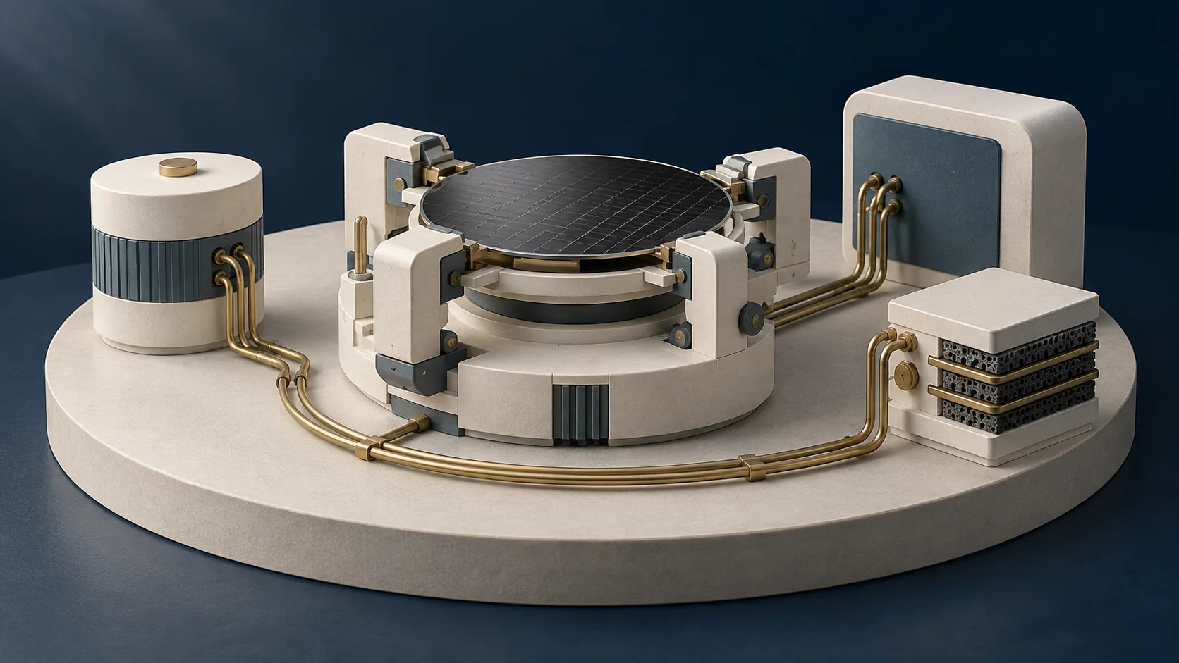 Three conceptual control modules connected to a shared semiconductor wafer-handling cell.