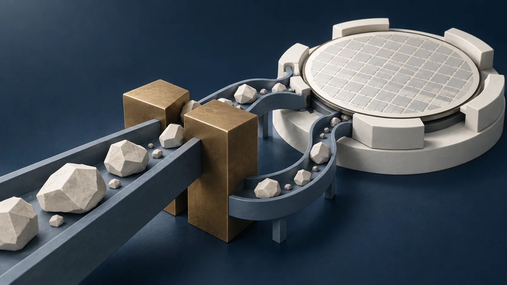 Mineral forms approach a narrow brass bottleneck, with an alternative route leading to a semiconductor wafer.