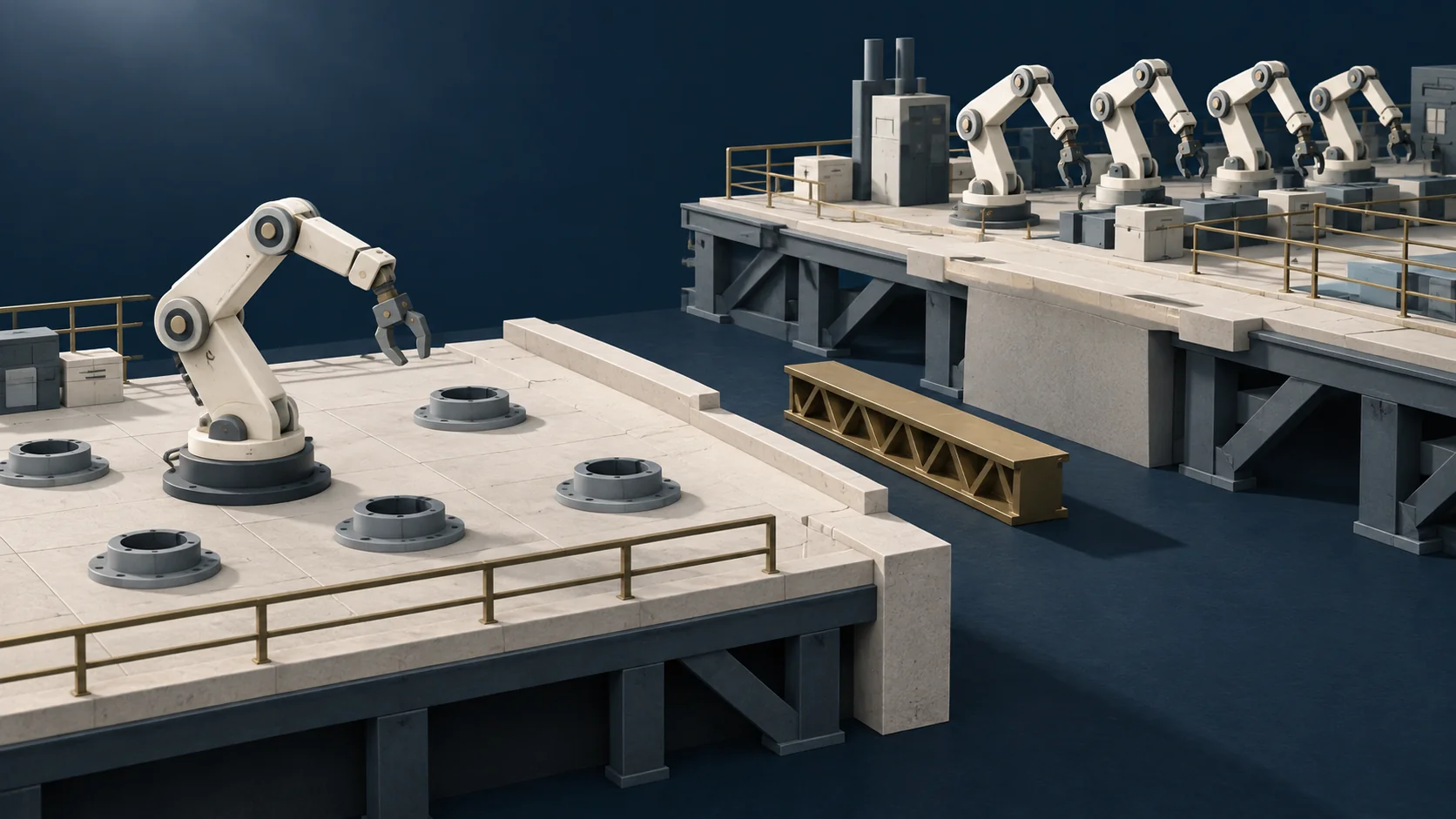 Two factory platforms with uneven robot coverage and an unfinished connecting span.