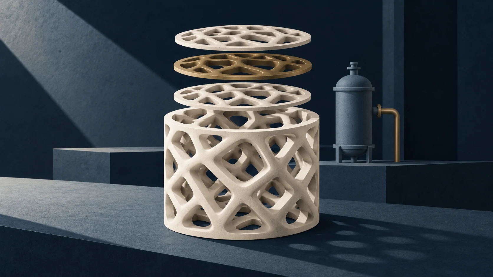 A porous cylindrical catalyst model with three floating layers and a small reactor vessel behind it.
