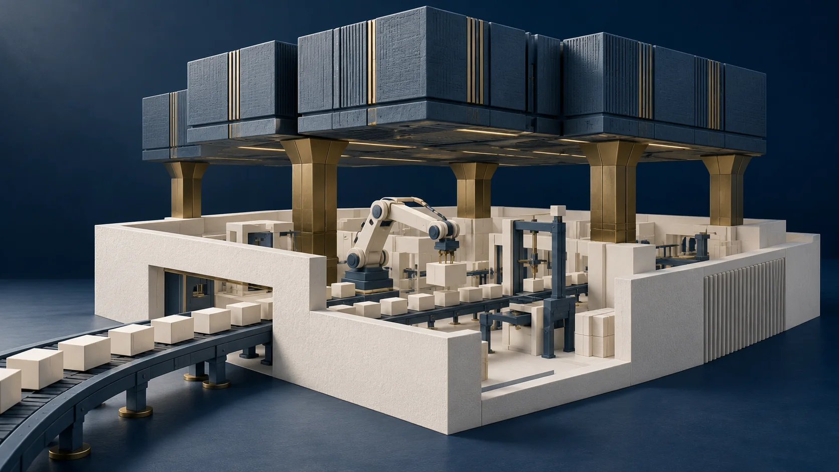 Factory production cells joined to a computational structure as blank building blocks arrive along a track.